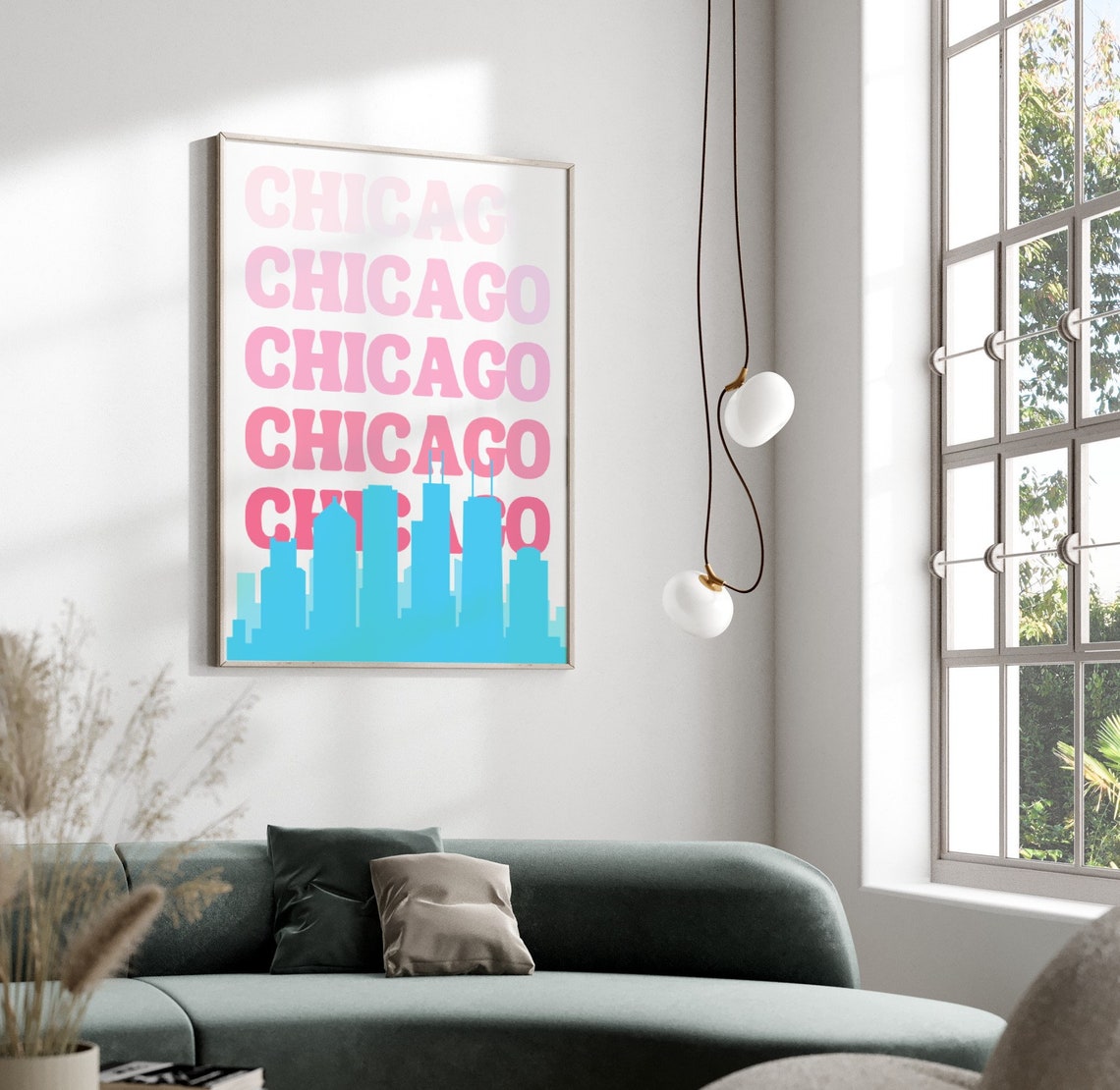 Chicago City Travel Print Art Pink Blue Chicago Travel Print Preppy Wall Print Cityscape Travel Poster Dorm Room Decor - Image 2