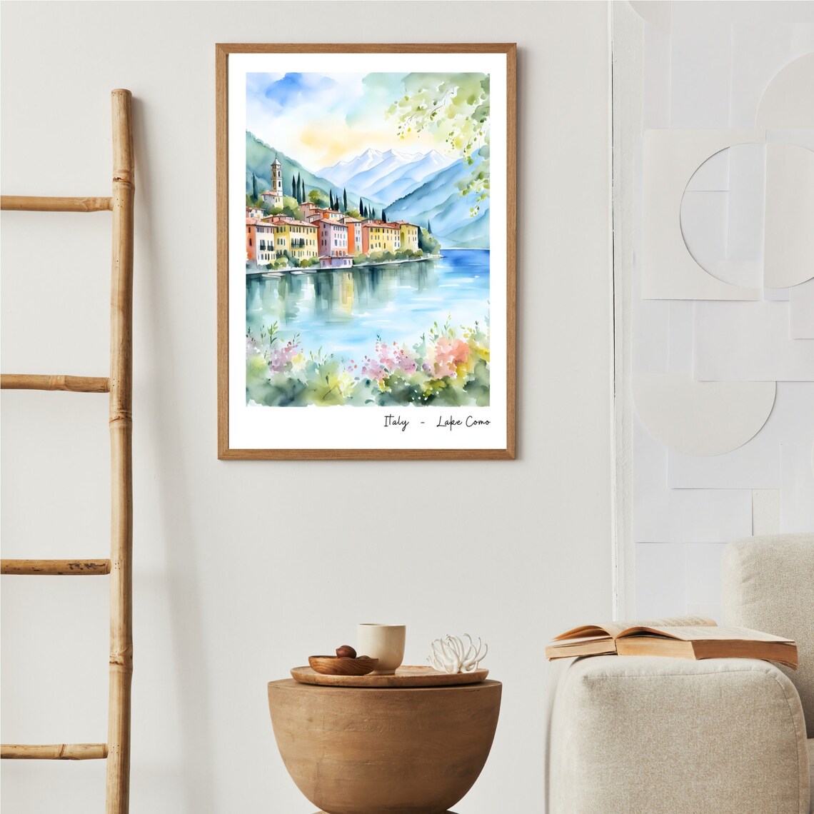 Lake Como Italy Watercolor Lakeside Village Mountains Travel Poster - Image 2