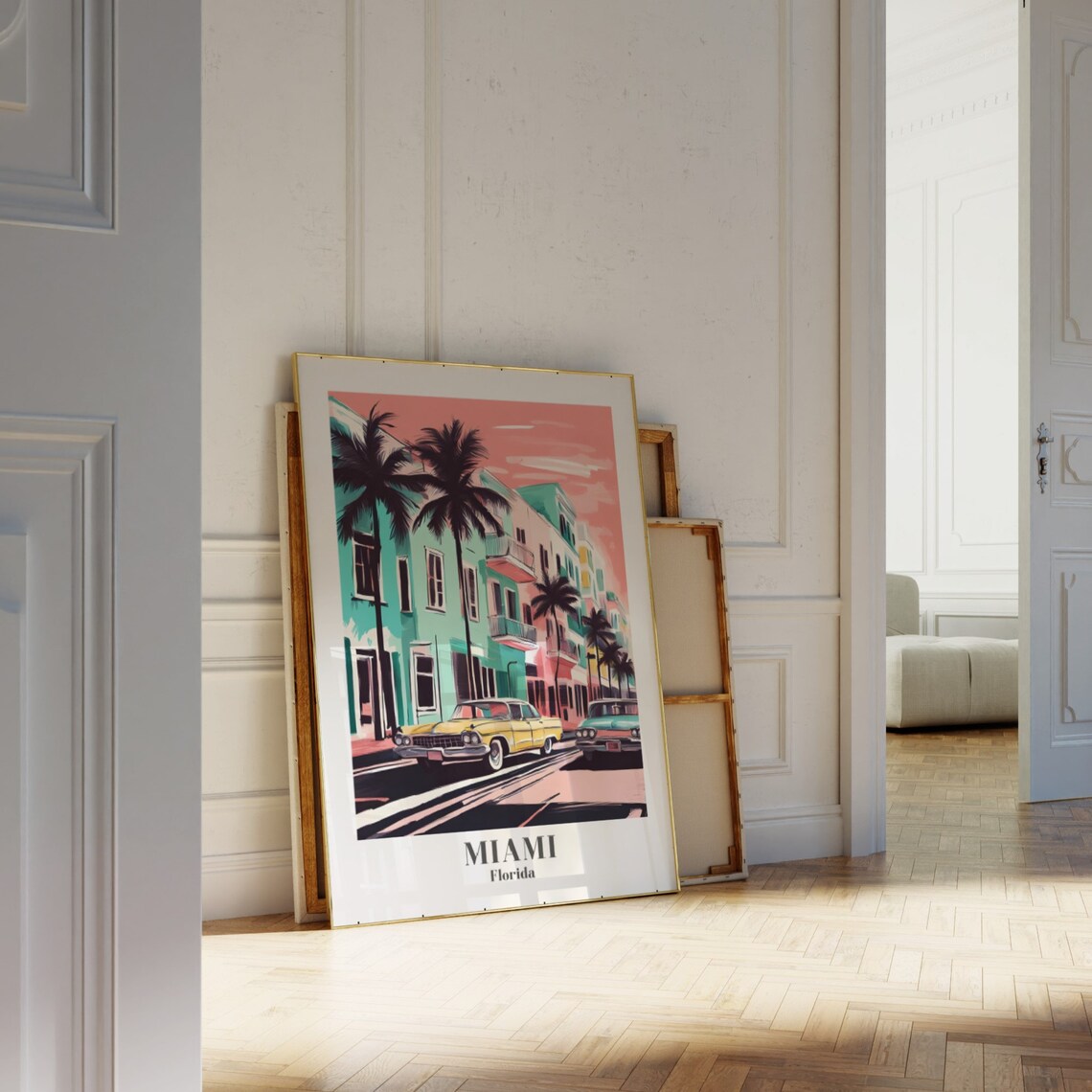 Miami Florida Pastel Art Deco Beach Scene Vintage Travel Poster - Image 3
