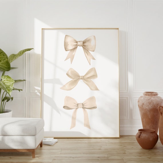 Beige Bow Print Preppy Aesthetic Wall Art Teen Room Decor Preppy Poster White Bow Apartment Decor Neutral Nursery Print Pastel Poster