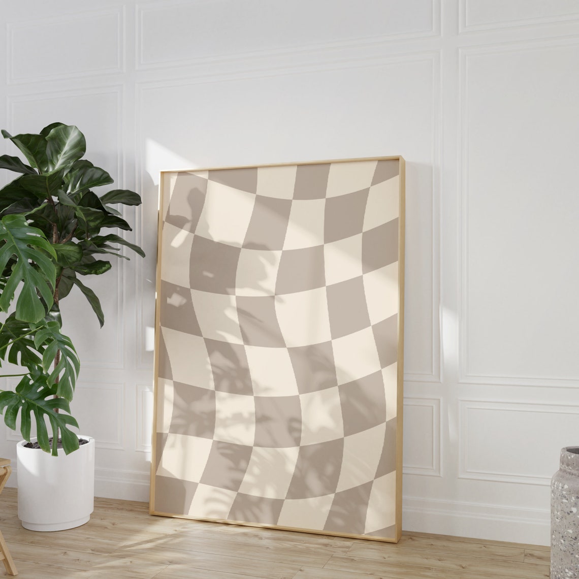 Beige Wavy Checkerboard Poster Neutral Groovy Check Pattern Room Decor - Image 3