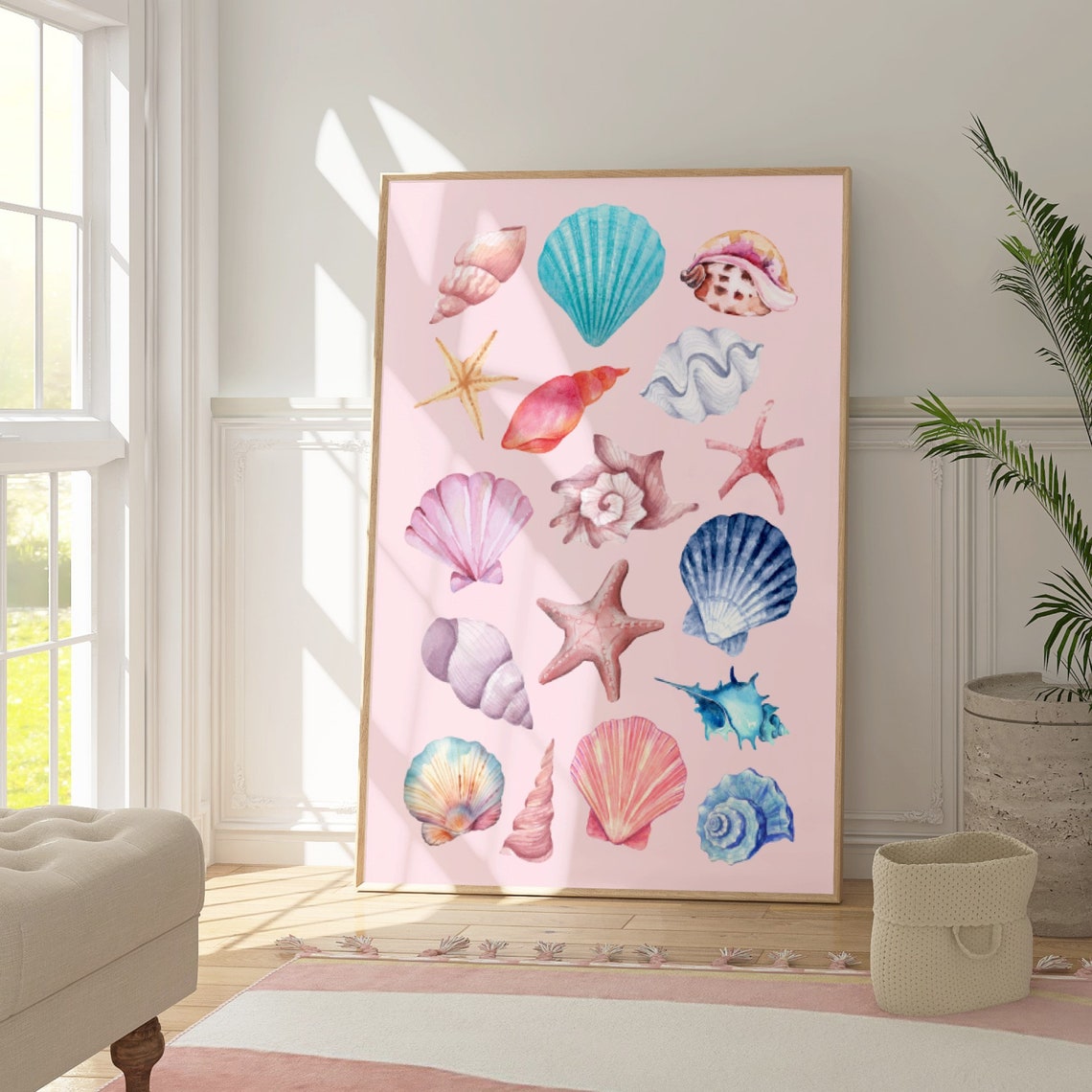 Pink Coastal Seashell Watercolor Beach Starfish Shells Poster