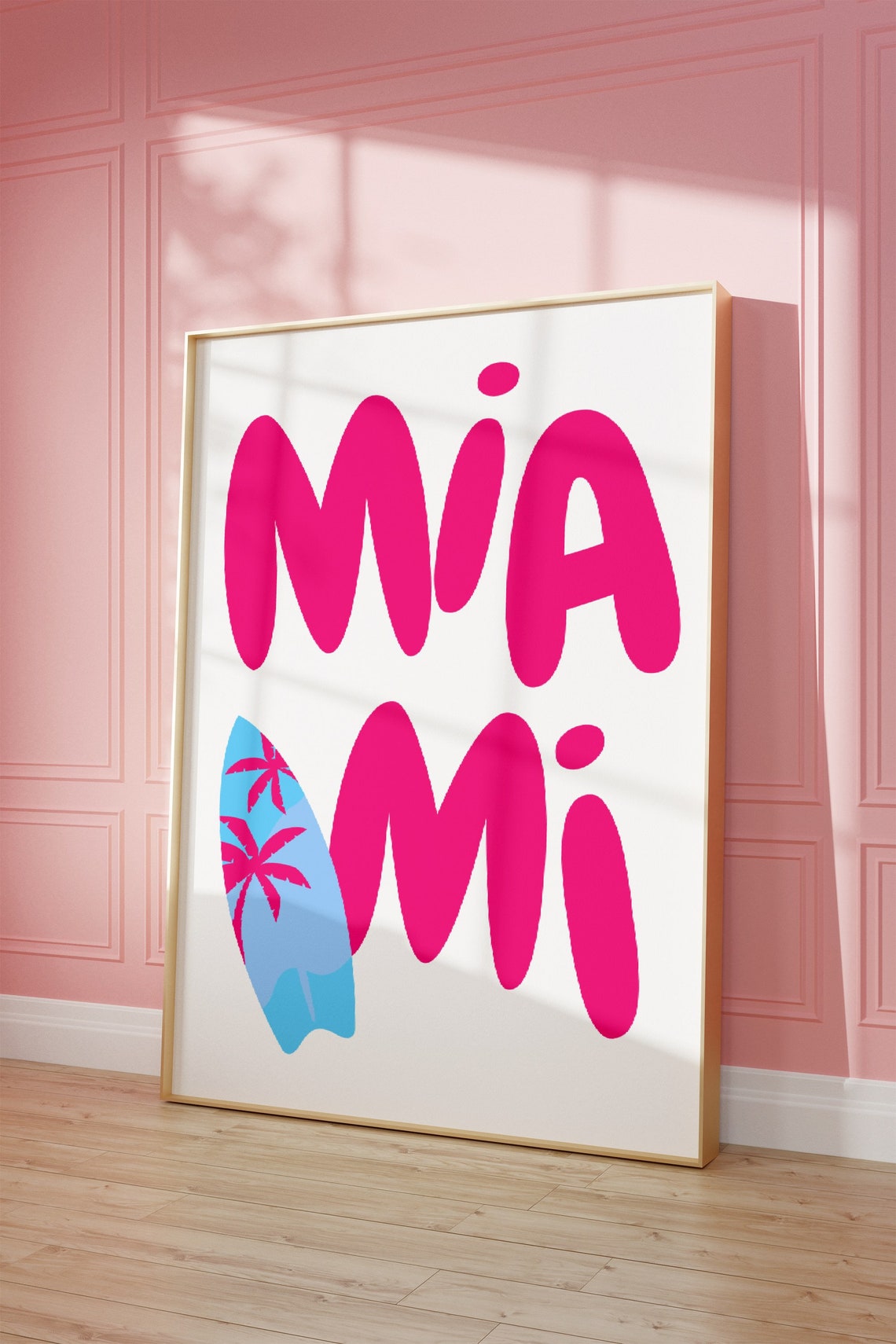 Miami Pink Bubble Letter Surfboard Palm Retro Travel Gift Poster - Image 2