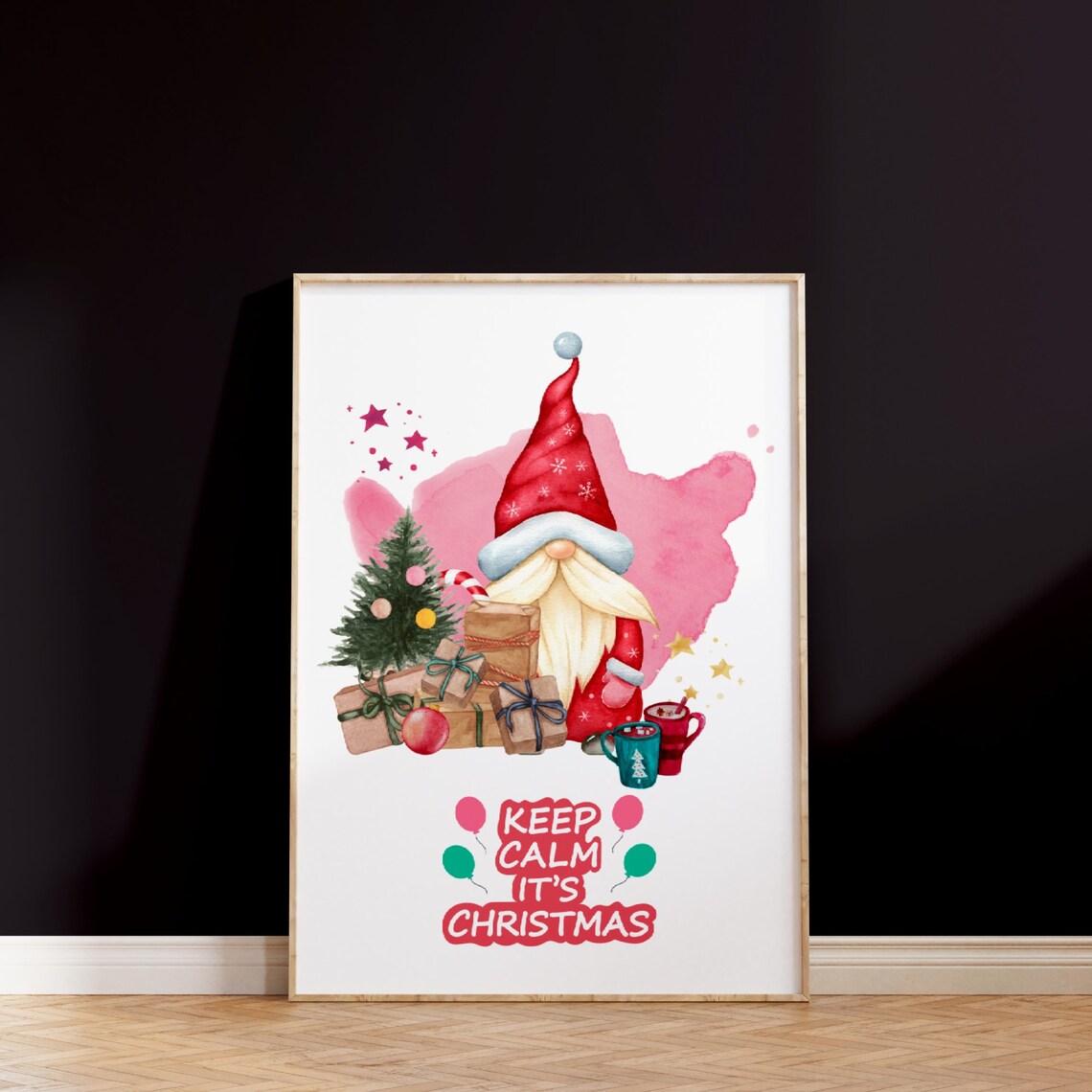 Keep Calm Its Christmas Watercolor Gnome Festive Holiday Poster - Image 2