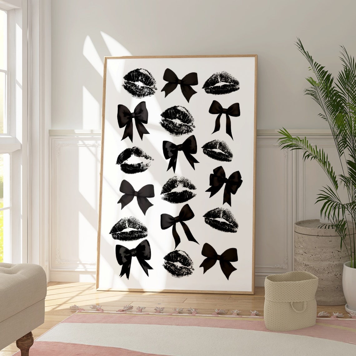 Black Bow and Lipstick Kiss Marks Coquette Bedroom Decor Poster