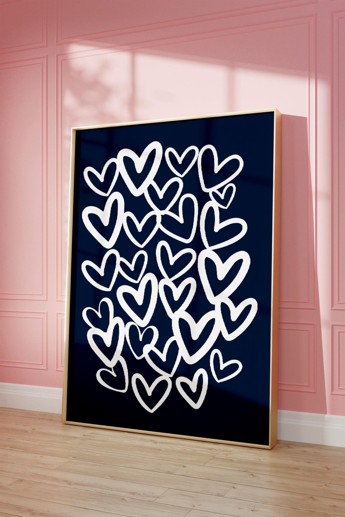 Hand Drawn White Hearts on Navy Blue Preppy Dorm Room Poster - Image 4
