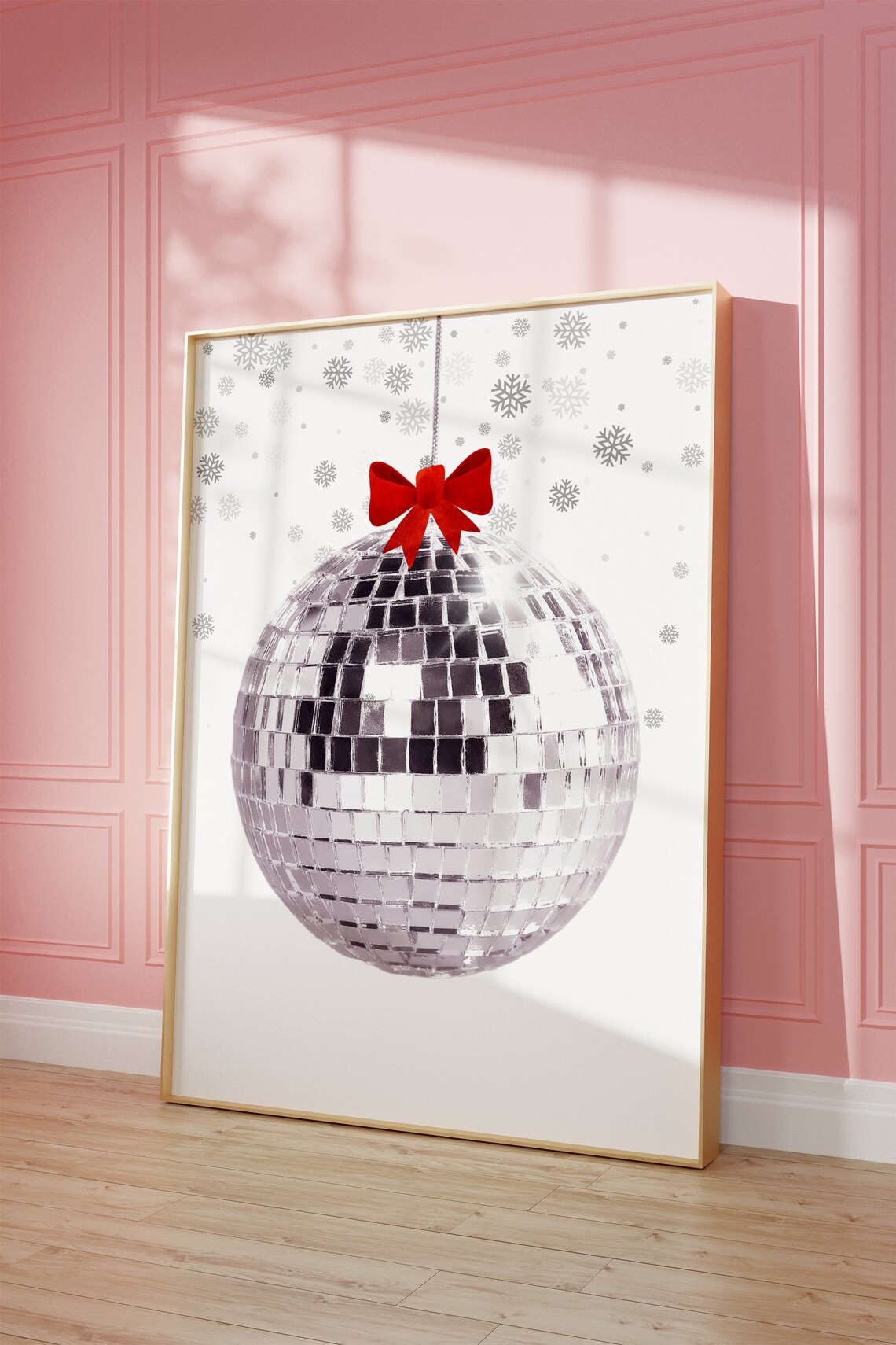 Christmas Disco Ball Ornament Red Bow Snowflake Holiday Wall Decor Poster - Image 3