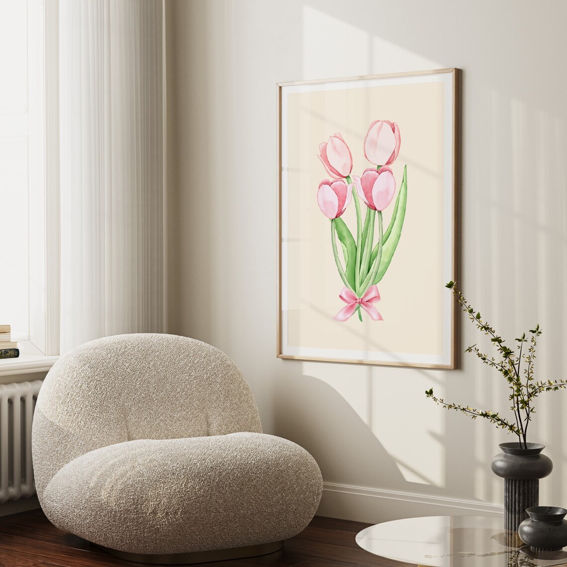 Pink Tulip Bouquet Watercolor Poster Bow Ribbon Spring Floral Art - Image 3