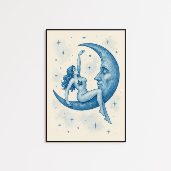 Celestial Moon Goddess Blue Watercolor Crescent Moon Stars Art Print