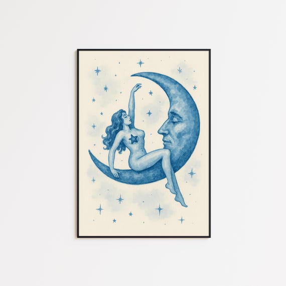 Moon Goddess Poster Mystical Feminine Nude Print In Celestial Blue Tones