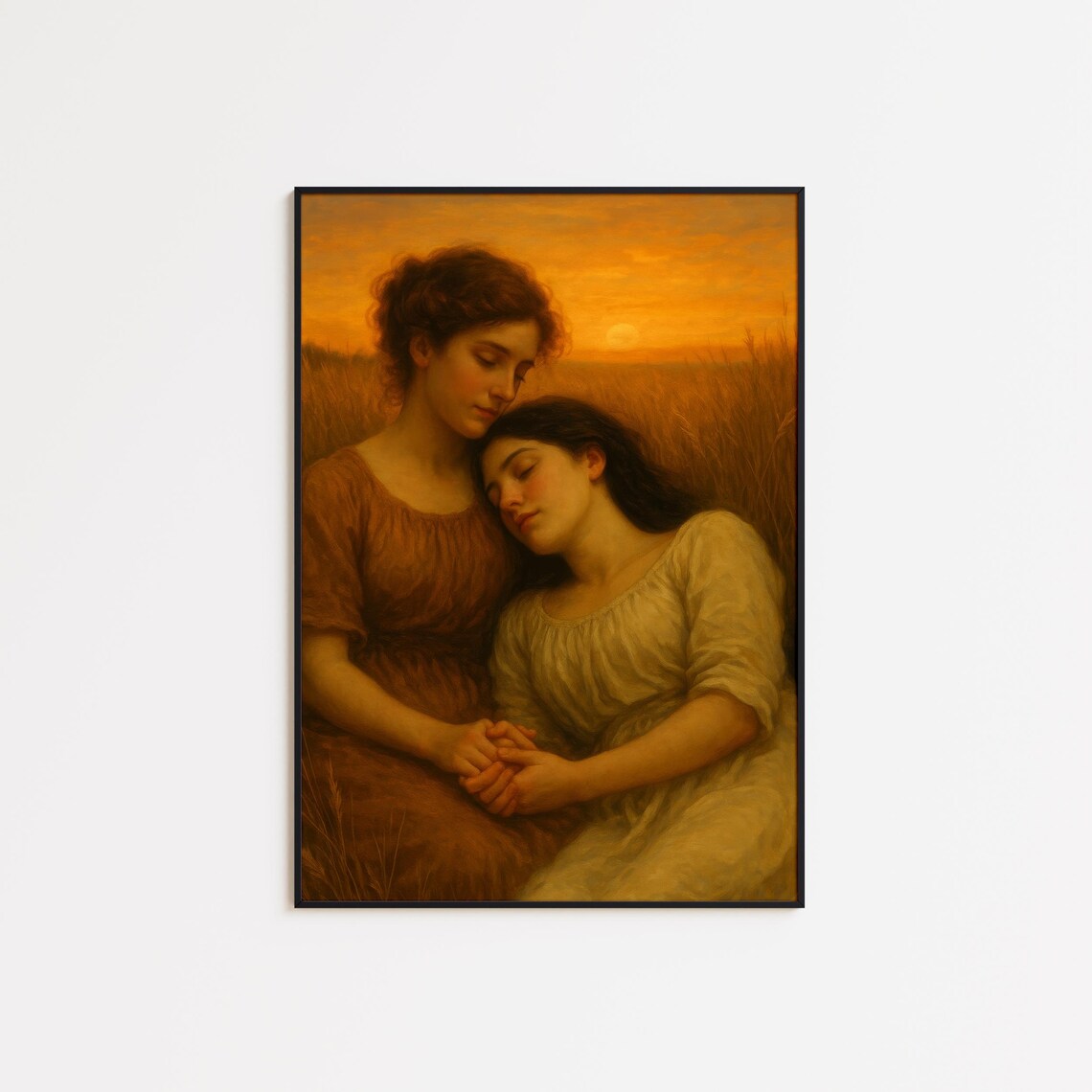 Golden Hour Embrace Two Women In Wheat Field Sunset Art Print
