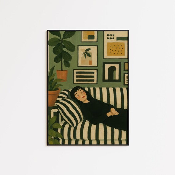 Sleeping Girl Striped Couch Green Interior Relaxing Art Poster