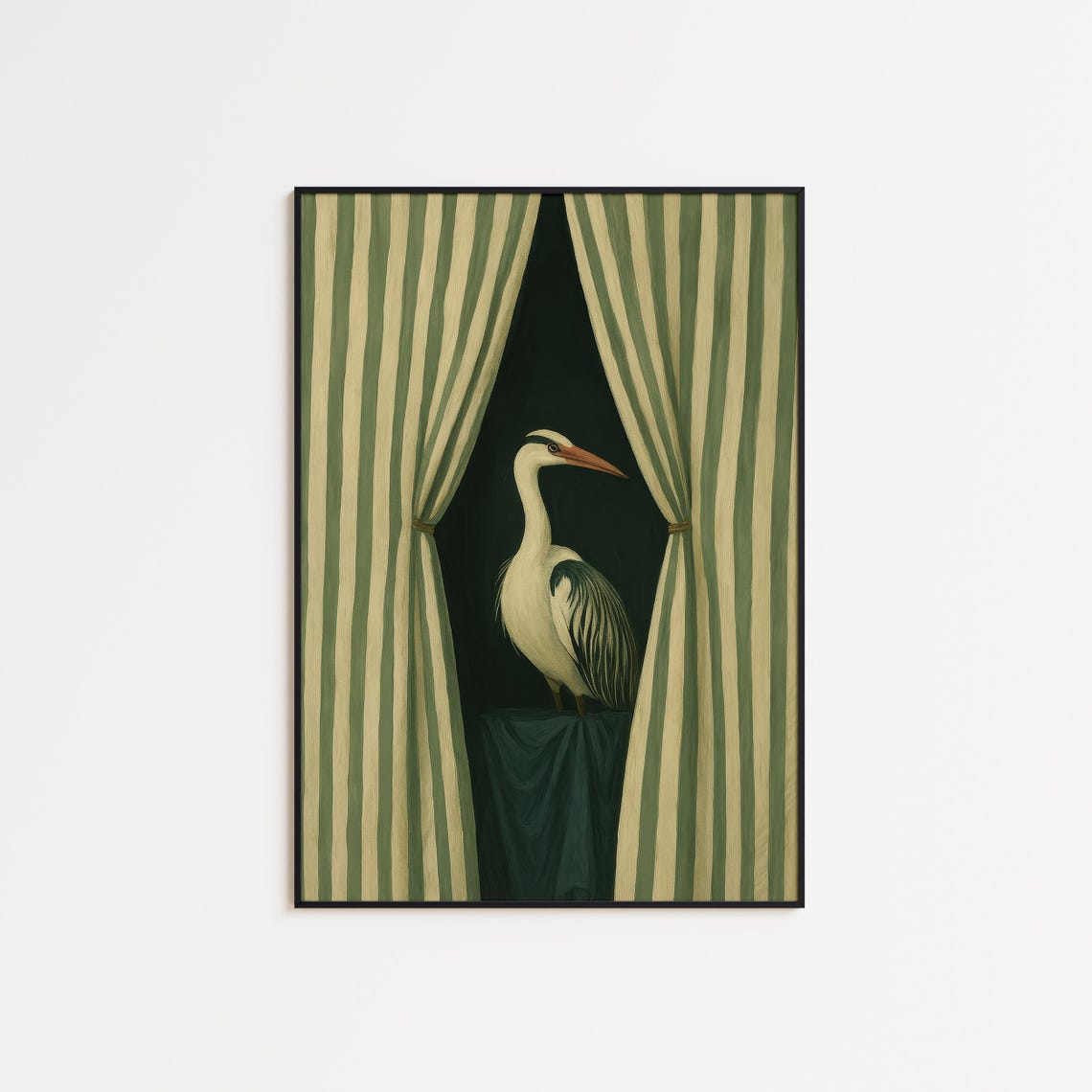 Curtain Call Heron Stage Curtains Green Whimsical Bird Poster