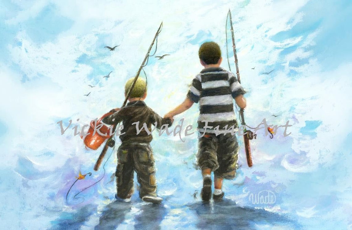 Two Young Brothers with Fishing Rods Wading into the Water Poster