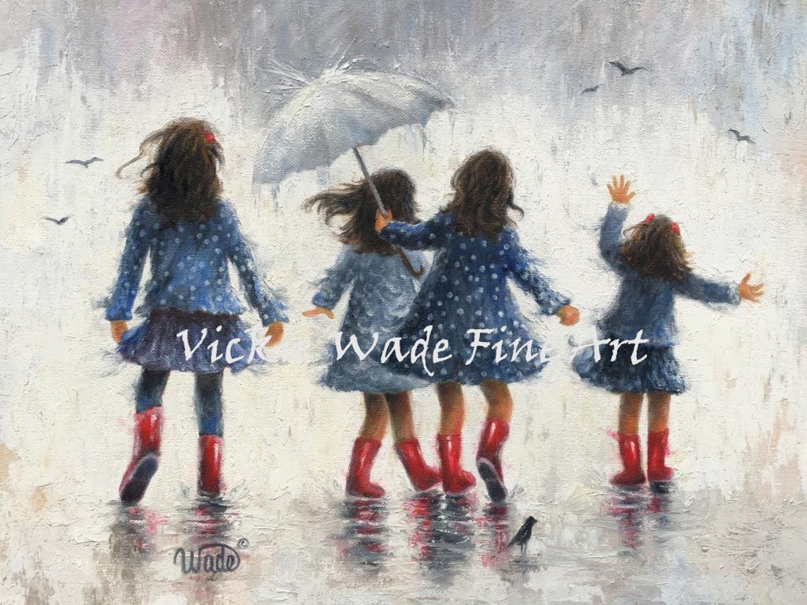 Four Sisters In Red Rain Boots Walking With An Umbrella Poster