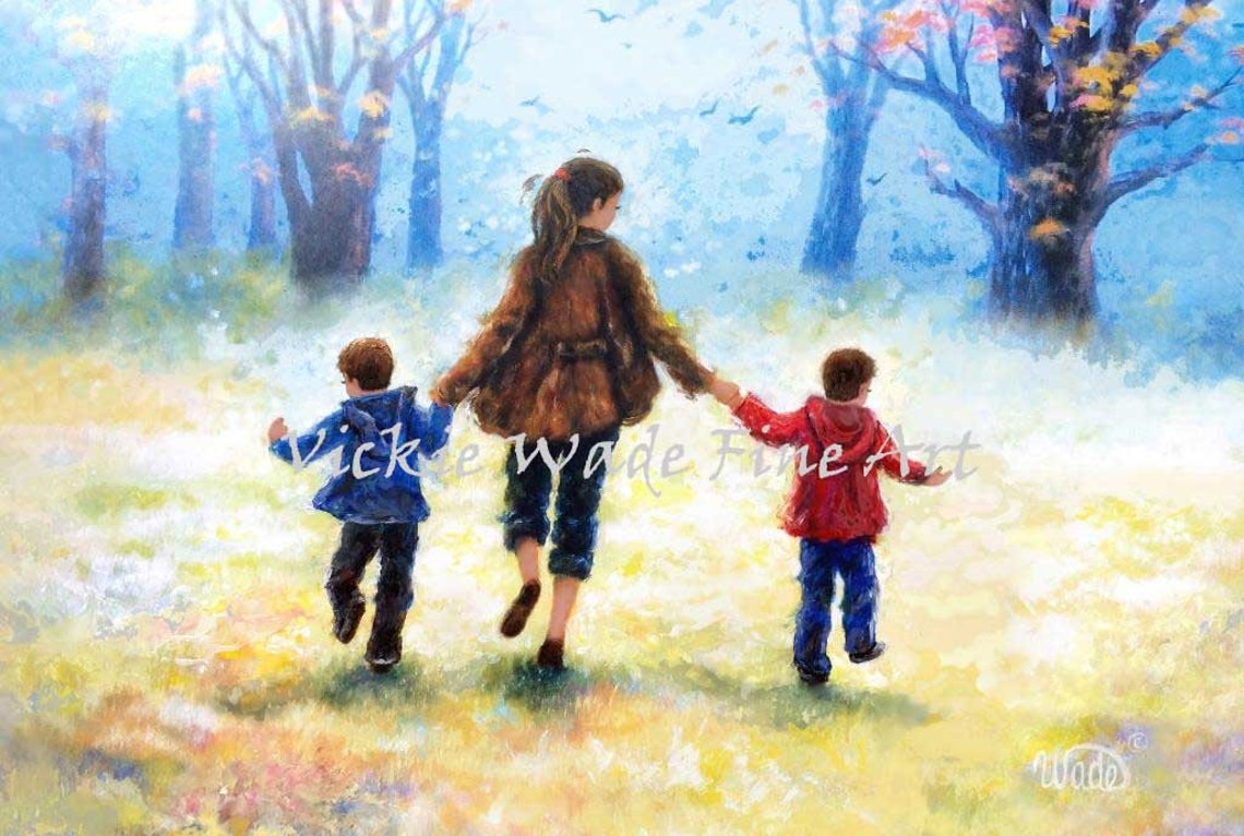 Proud Mom Holding Hands With Two Boys in the Autumn Woods Poster