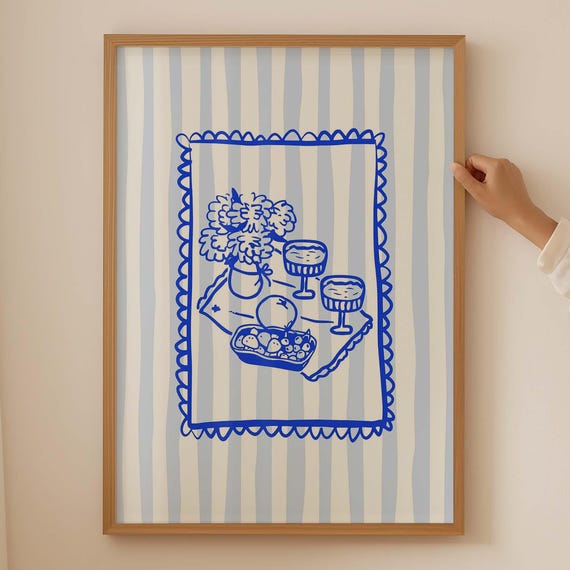 Matisse Inspired Still Life Print Blue Coastal Wall Art Preppy Kitchen Decor Danish Pastel Poster Striped Line
