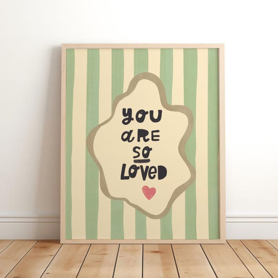 You Are So Loved Whimsical Quote Art Mint Green Watercolour Illustration Gender Neutral Shared Room Decor Sibling Wall Nursery