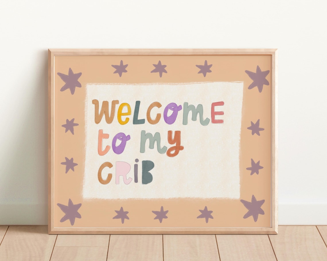 Welcome To My Crib Peach Stars Nursery Kids Room Quote Wall Poster
