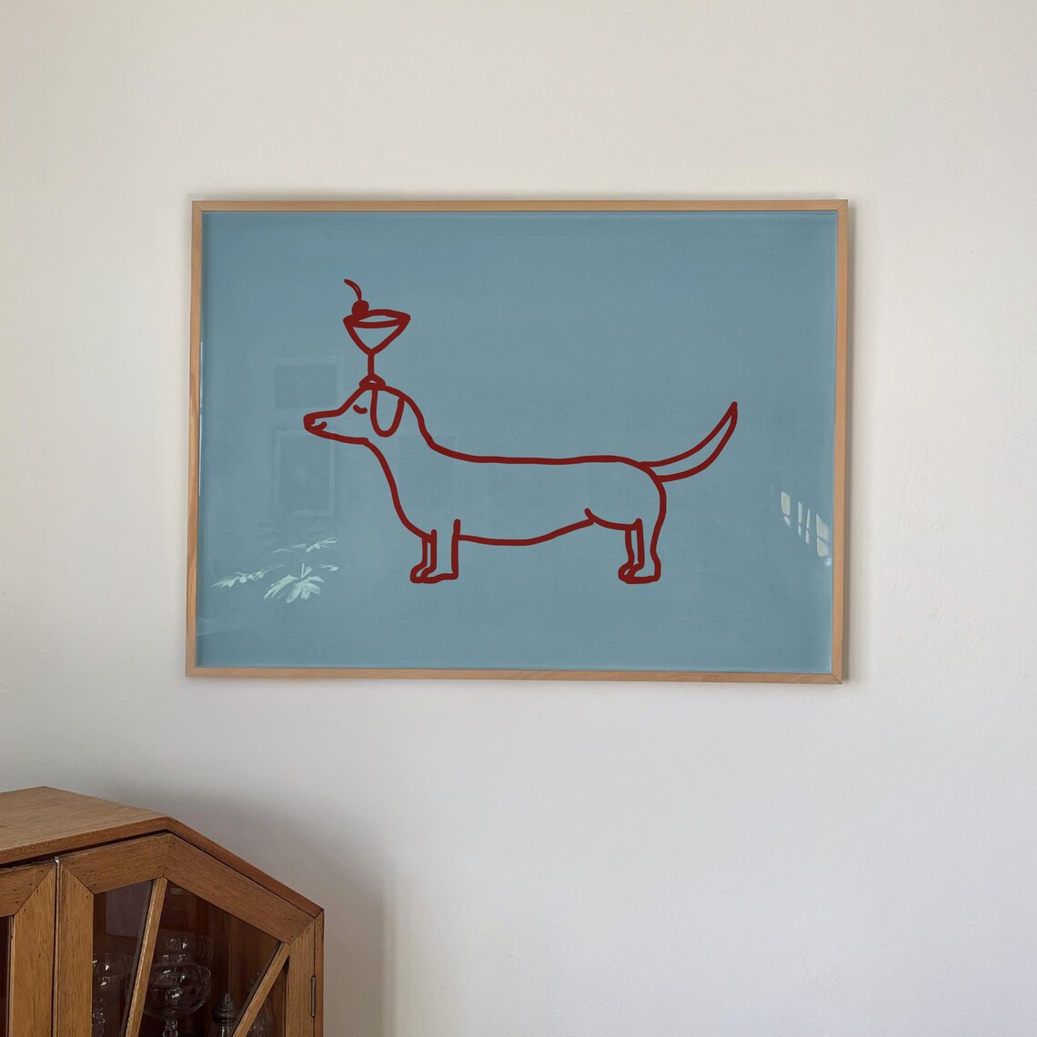 Weiner Dog Balancing Martini Glass Red Line Art Cocktail Bar Poster