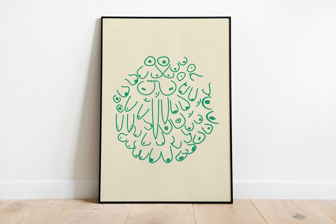 Body Positive Boob Line Art Green Circle Funny Bathroom Wall Poster - Image 4