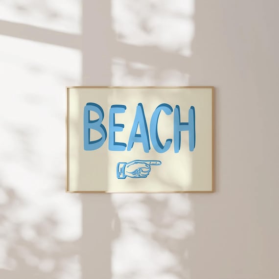 Beach Blue Pointing Hand Retro Direction Sign Coastal Wall Decor Poster