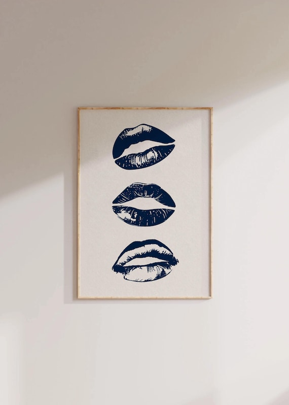 Navy Blue Lips Trio Modern Pop Art Glam Kisses Wall Decor Poster