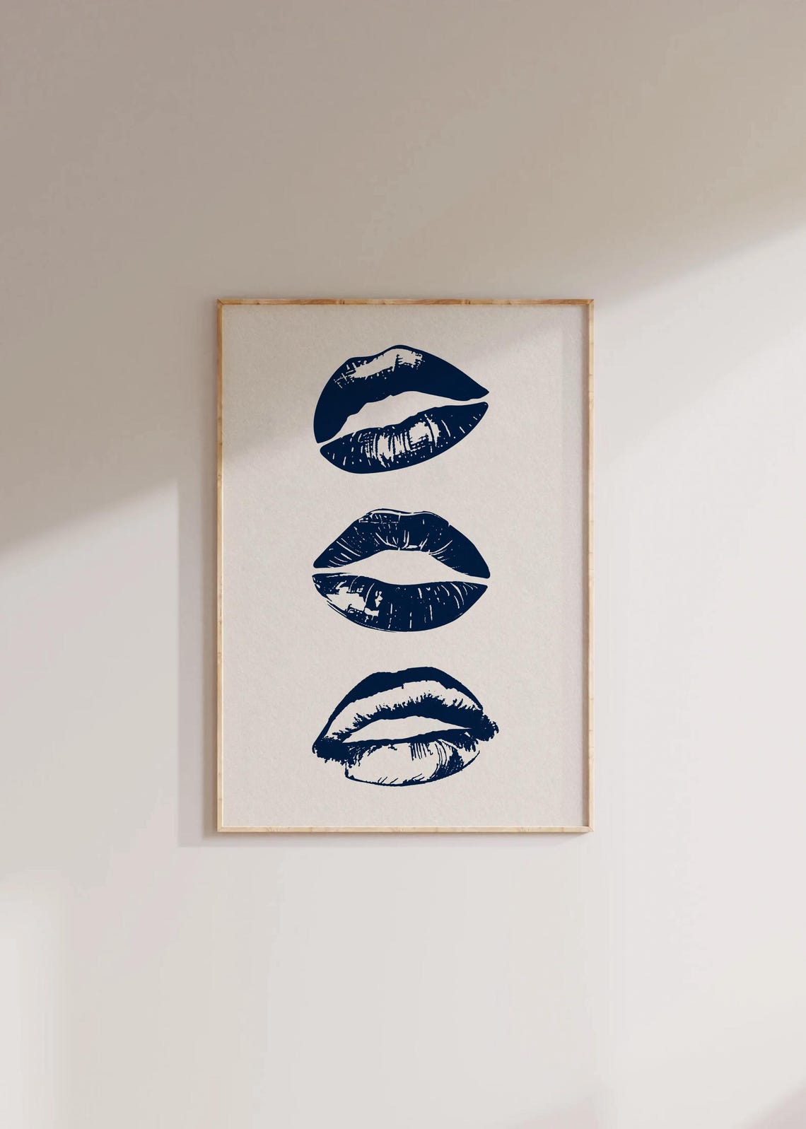 Navy Blue Lips Trio Modern Pop Art Glam Kisses Wall Decor Poster