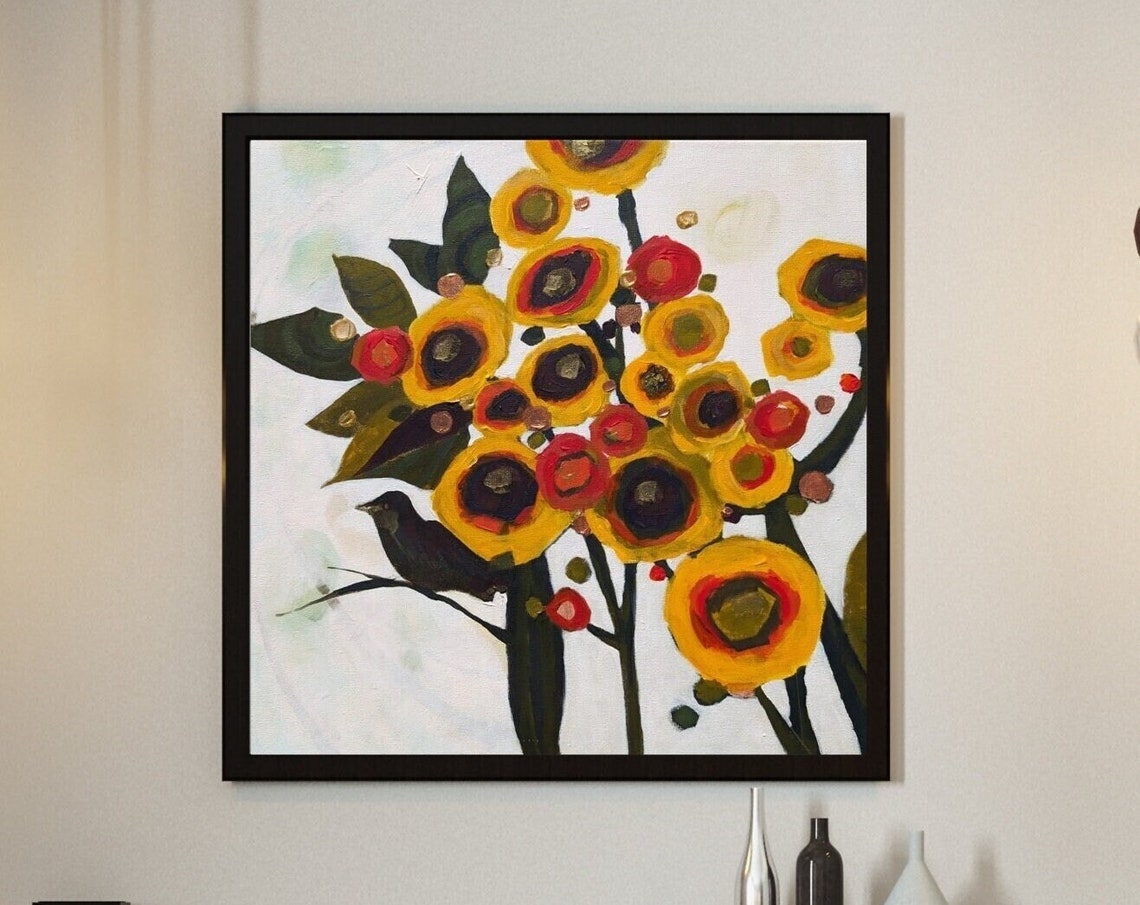 Yellow Abstract Sunflower Blooms with Small Black Bird Art Poster - Image 3