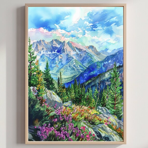 Alpine Wildflower Meadow Rugged Peaks Fresh Watercolor Nature Art Poster