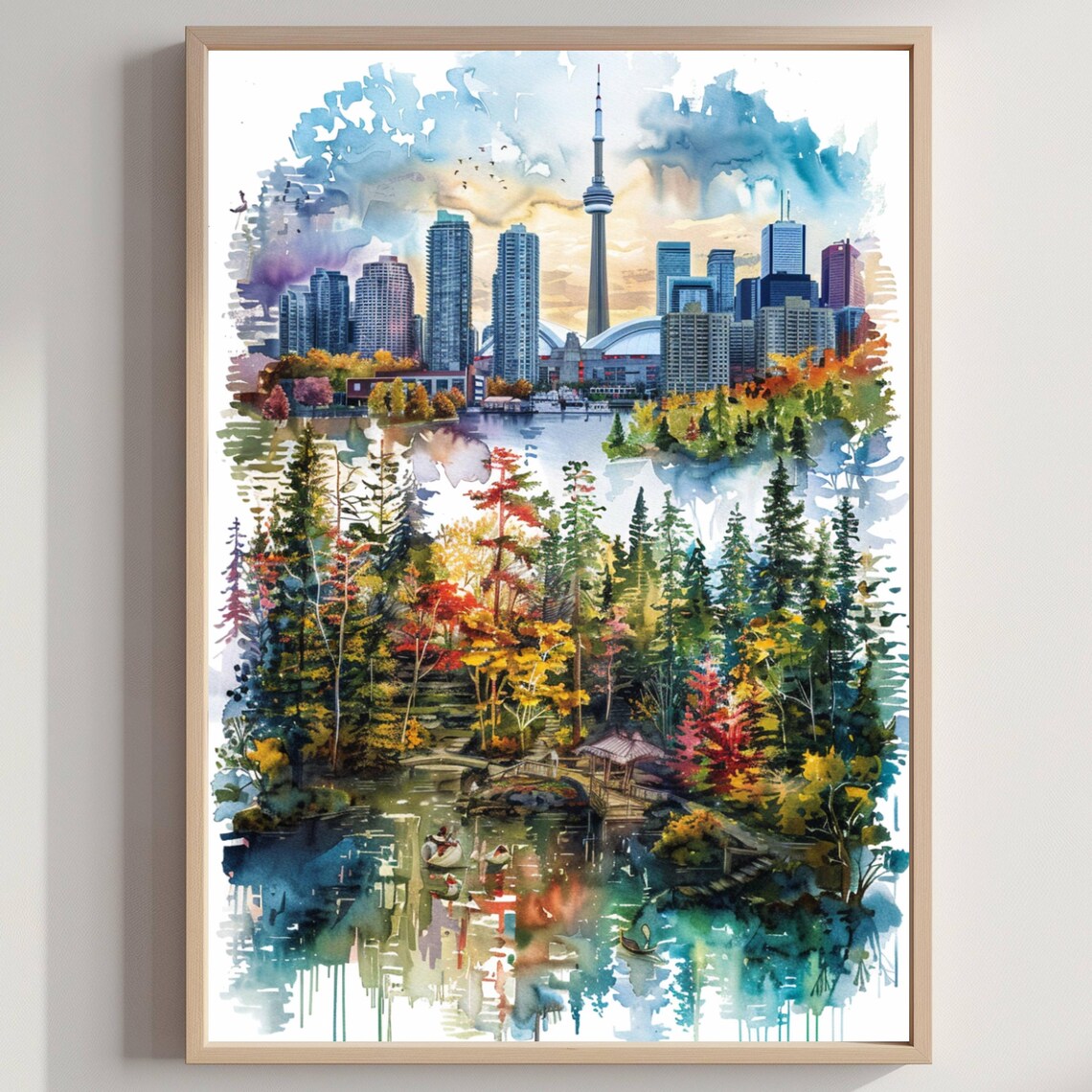 Toronto Skyline CN Tower Autumn Forest Sunset Watercolor Art Poster