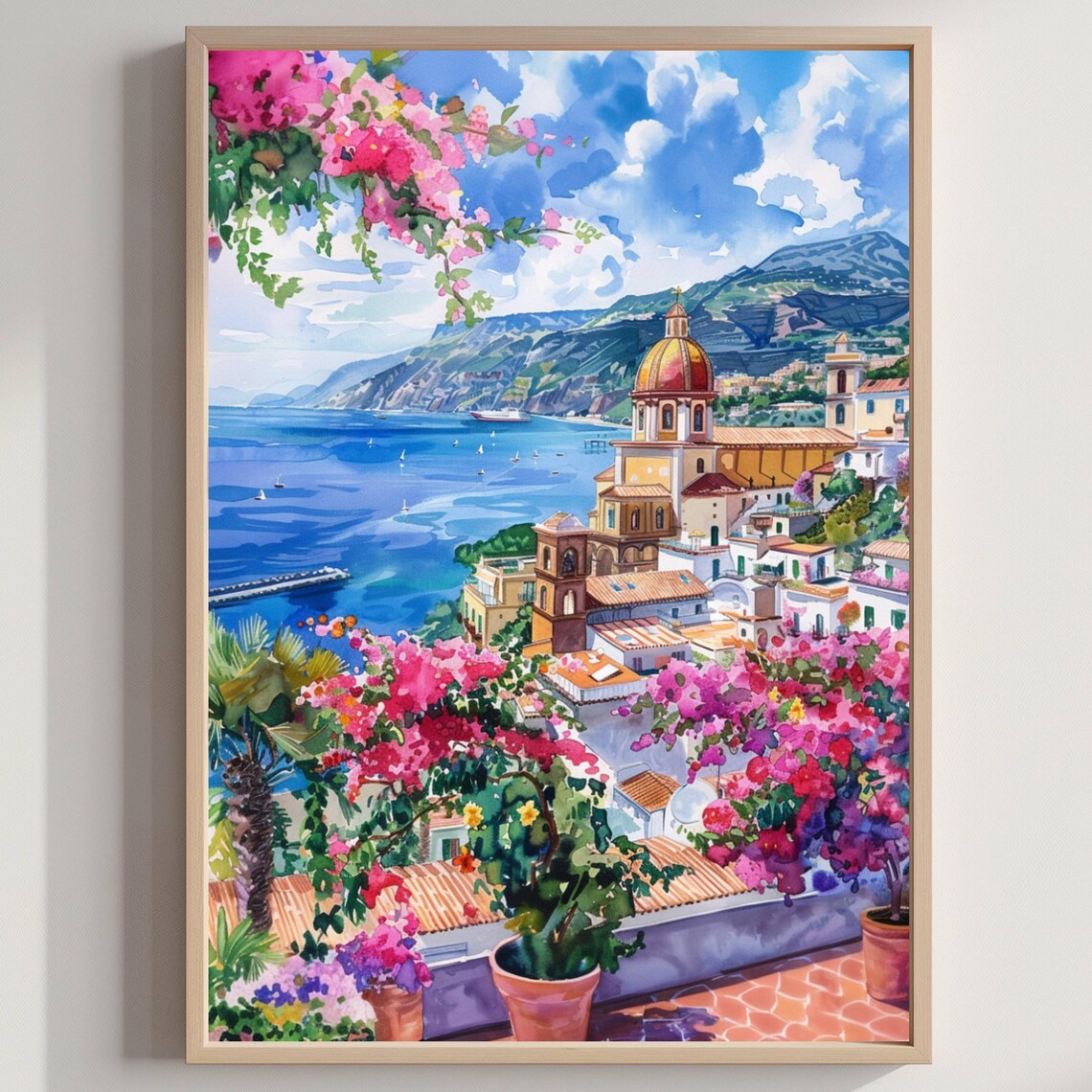 Sorrento Italy Bay of Naples Coast Bougainvillea Watercolor Poster