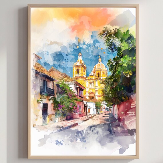 Colonial Street With Golden Domed Cathedral Watercolor Travel Art Poster