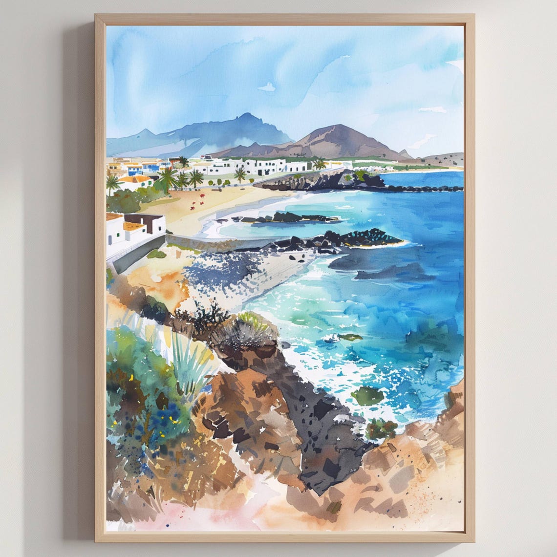 Fuerteventura Canary Islands Coastal Town Watercolor Art Poster