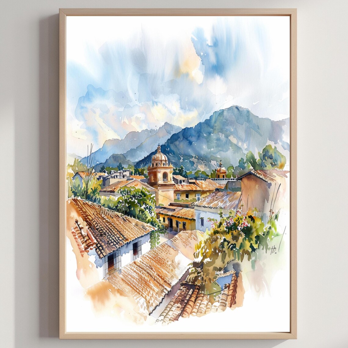 Colonial Hillside Town Church Dome Red Roofs Watercolor Art Print