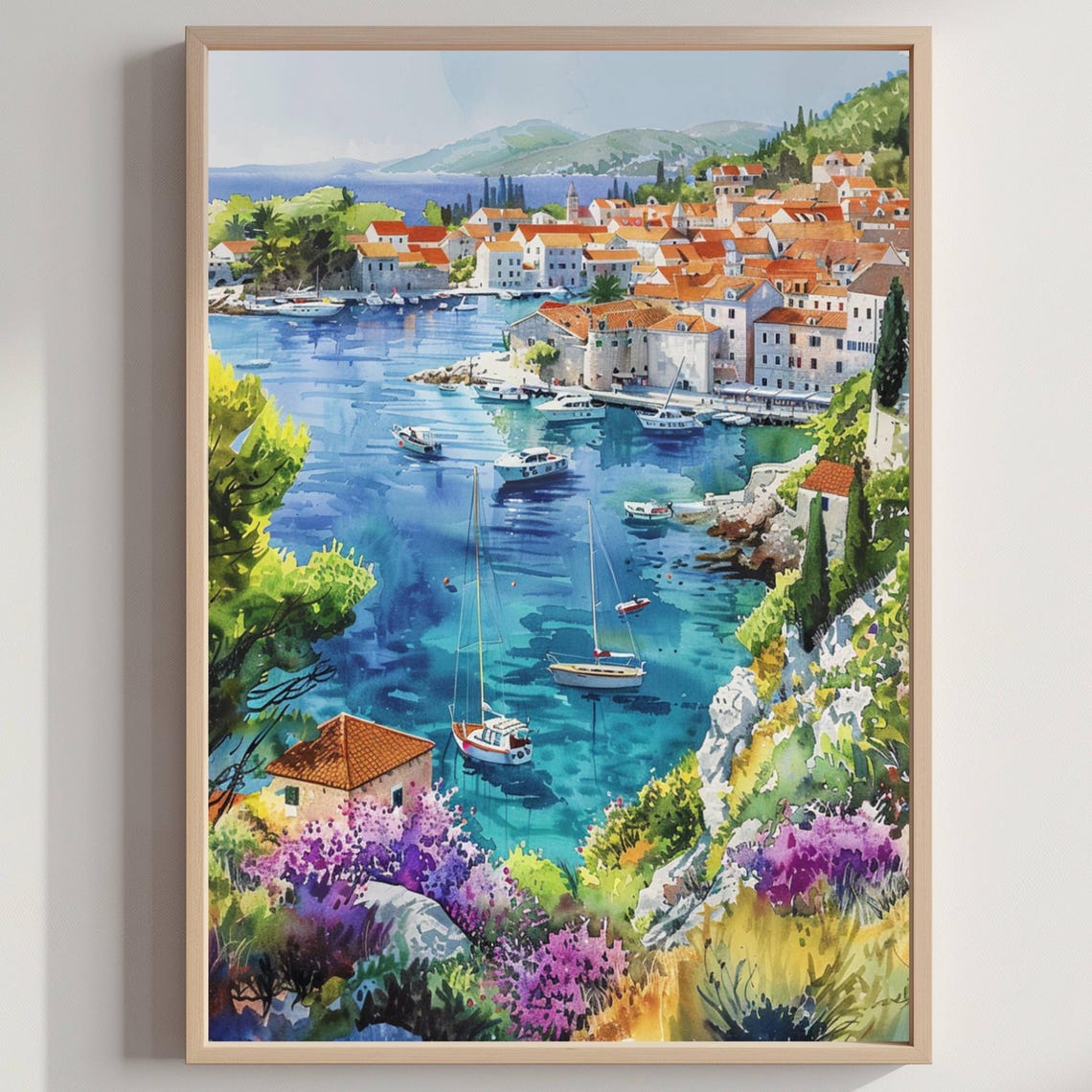 Hvar Island Croatia Harbor Watercolor Mediterranean Coast Poster