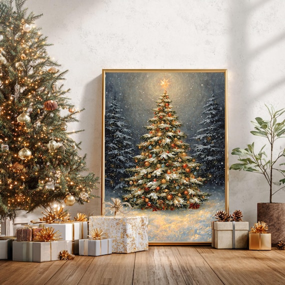 Cozy Glowing Snowy Christmas Tree Holiday Night Vintage Wall Art