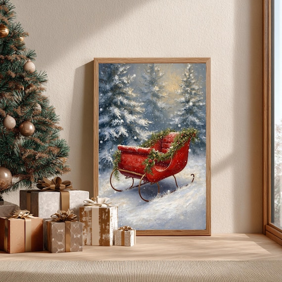 Red Christmas Sleigh With Garland In Snowy Forest Painting Poster