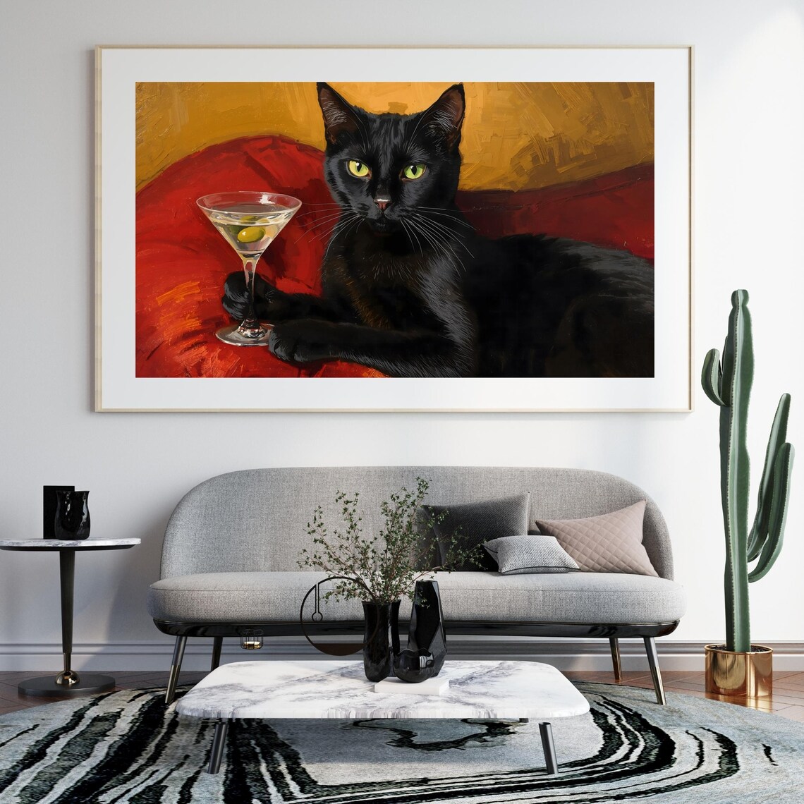 Sassy Black Cat with Martini Glass Funny Oil Painting Cat Poster