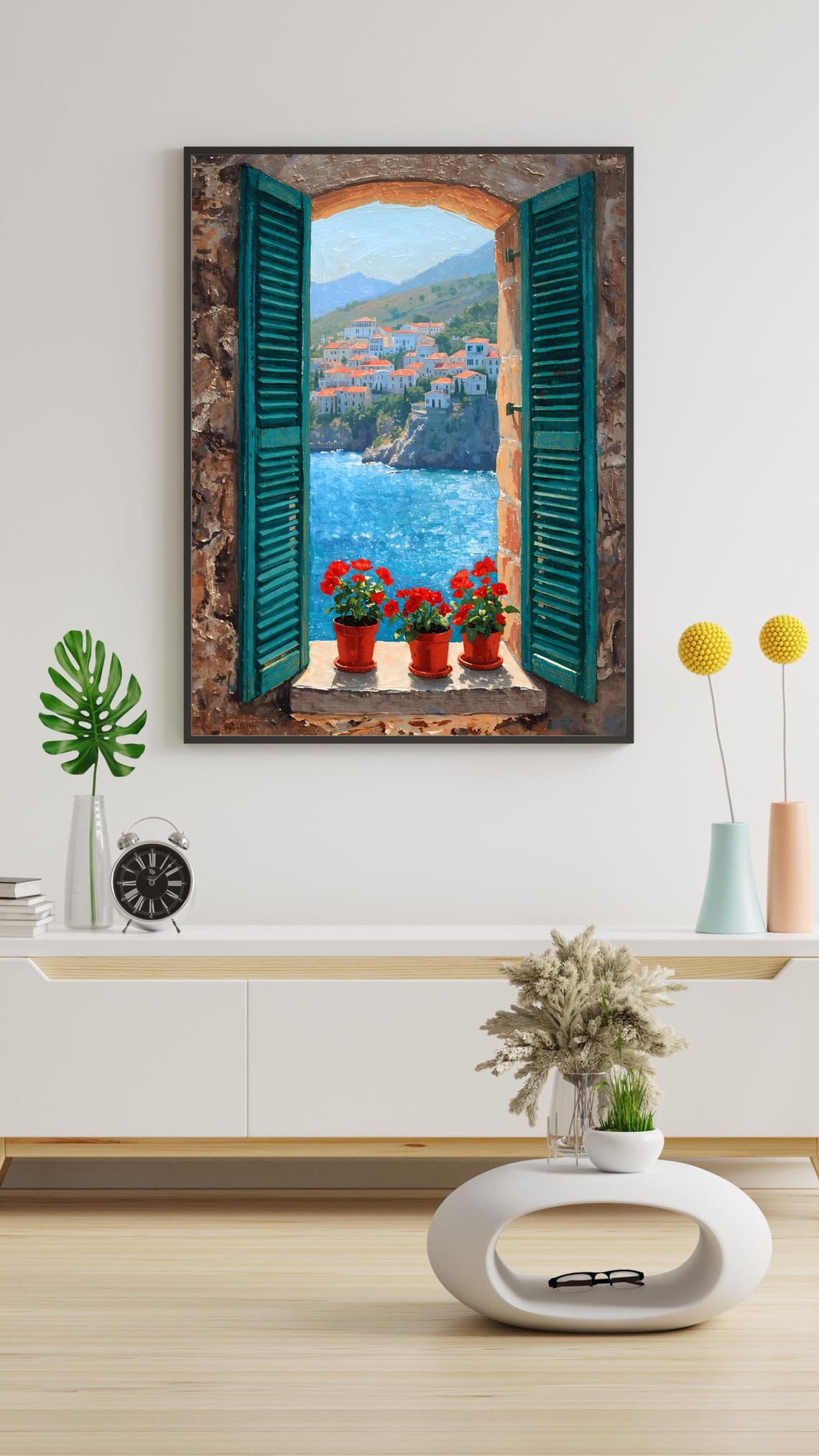 Mediterranean Coastal Village Window View Geraniums Wall Art