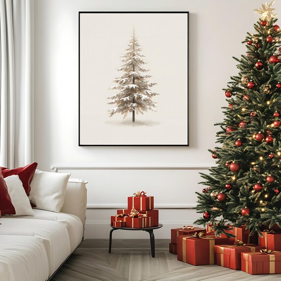 Minimalist Snow Covered Christmas Tree Wall Art Neutral Winter Scandinavian Decor Beige Instant