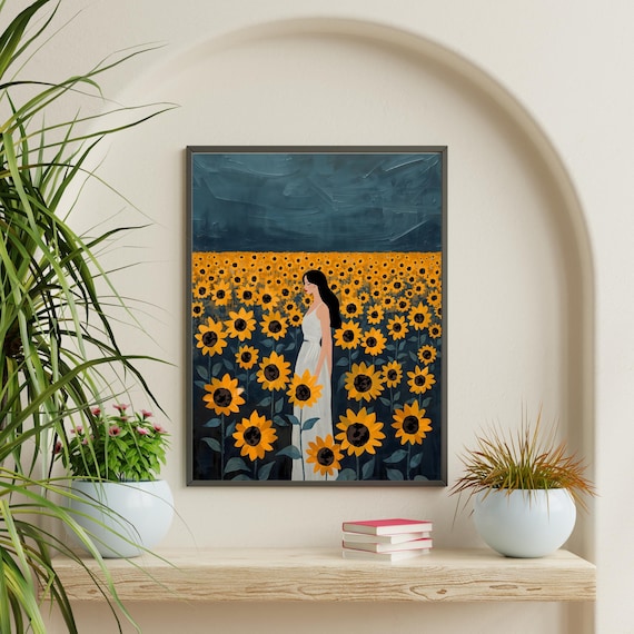 Sunflower Field Print Woman In White Dress Wall Art Modern Floral Painting Instant Home Decor Minimalist