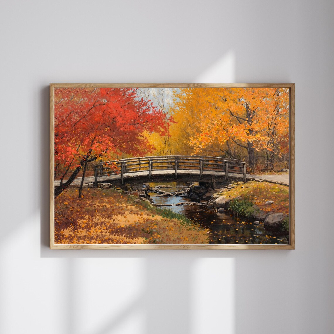 Autumn Bridge Wall Art Fall Landscape Rustic Nature Oil Painting Print Downloa Image
