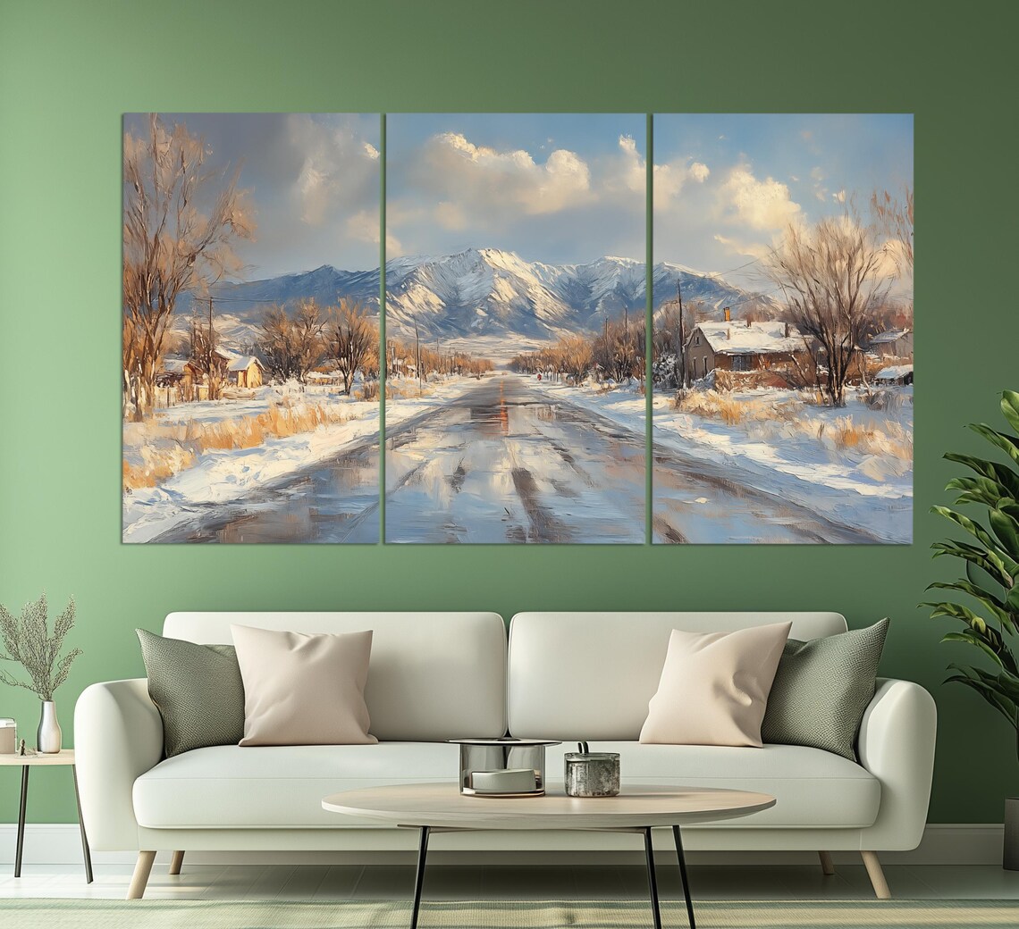 Snowy Winter Country Road to Snowcapped Mountains Oil Painting Poster - Image 3