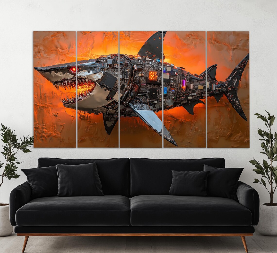 Robotic Shark Microchip Circuit Board Sculpture Fiery Orange Wall Art Poster - Image 2