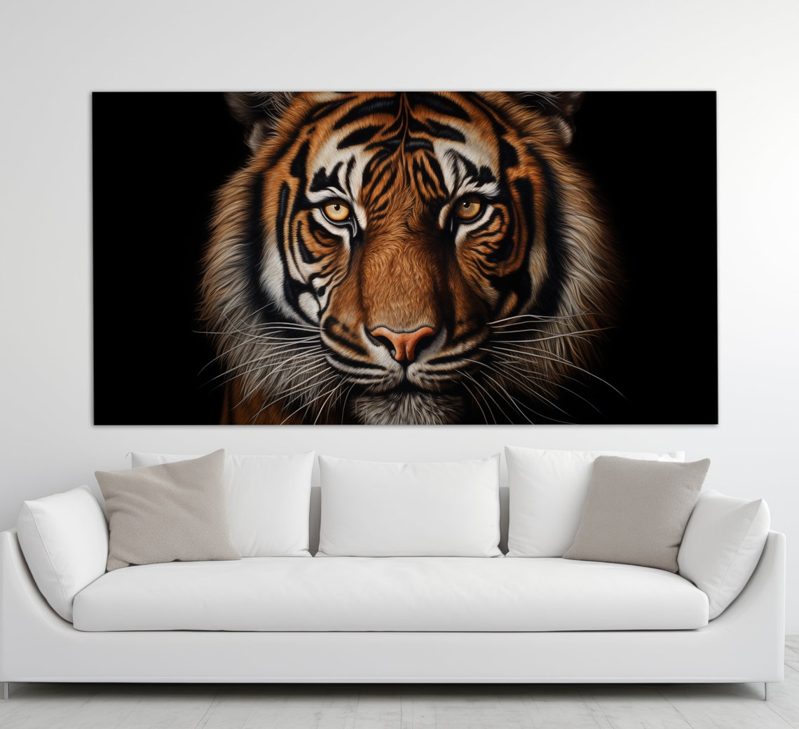 Majestic Tiger Face Close Up Golden Eyes Dark Background Art Poster - Image 3