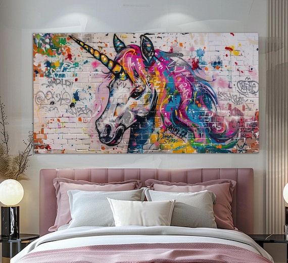 Unicorn Graffiti Street Art Brick Wall Kids Art Rainbow Neon Wall Mural Poster
