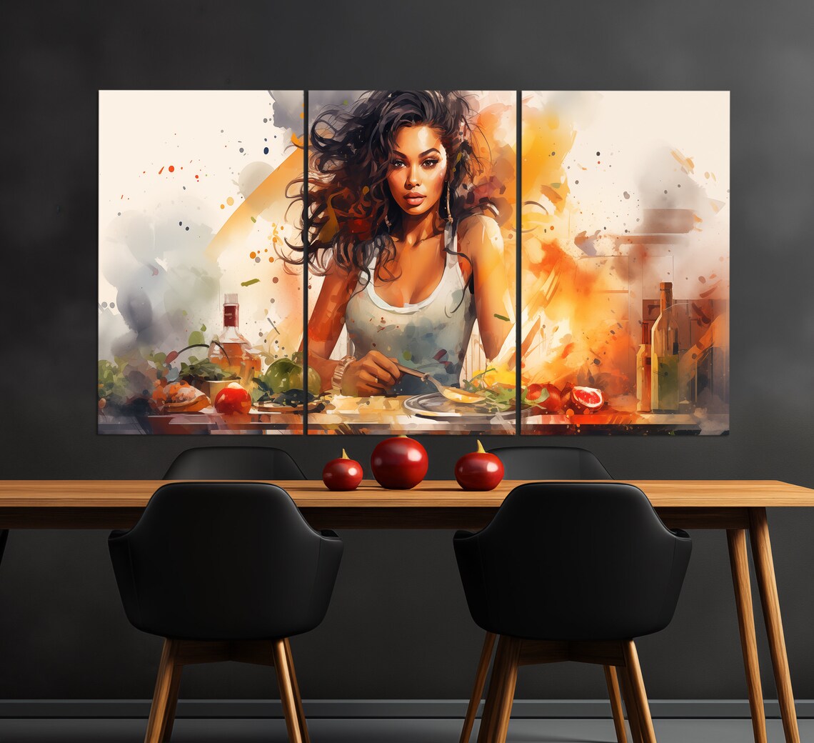 Woman Cooking In Warm Kitchen Watercolor Splashes Of Orange And Gold Print - Image 3