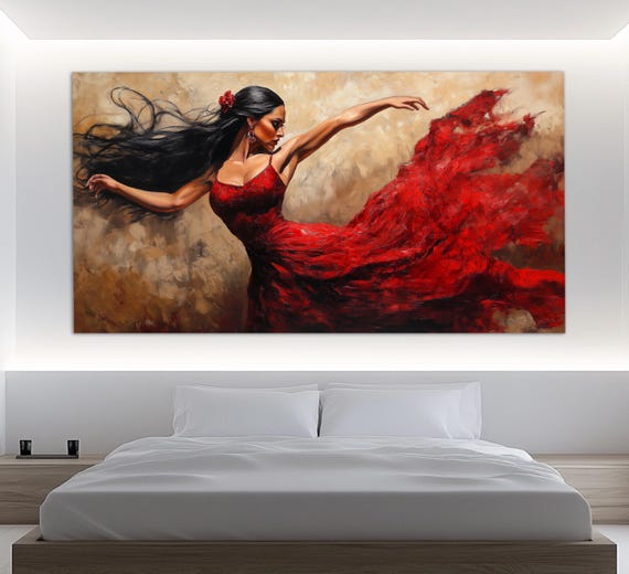 Passionate Flamenco Dancer In Red Dress Print In An Oil Painting Style Dancing Wall Art Flamenco Painting Dancing Studio Decor