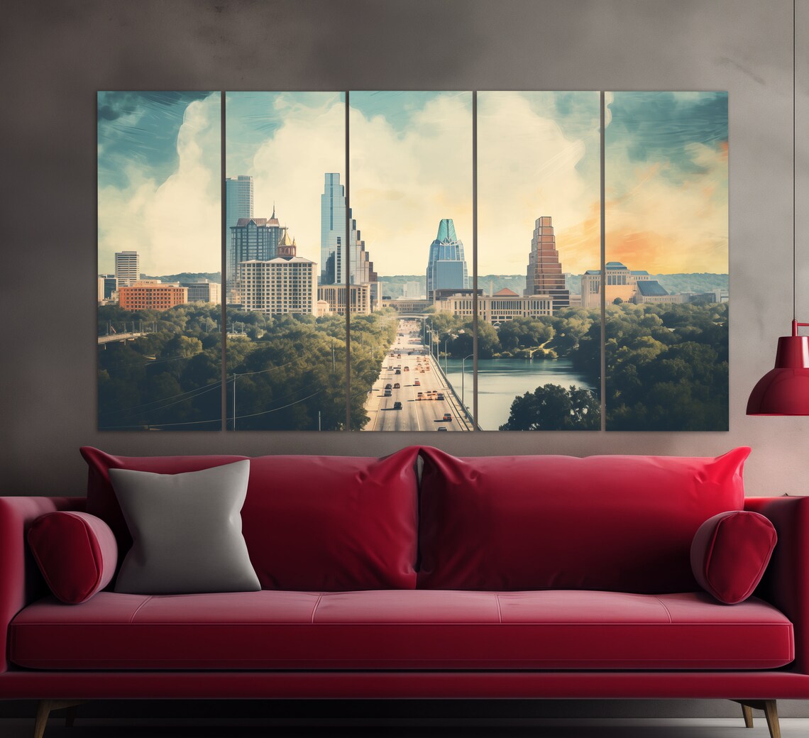 Austin Texas Skyline Bridge River Vintage Downtown City Poster - Image 2